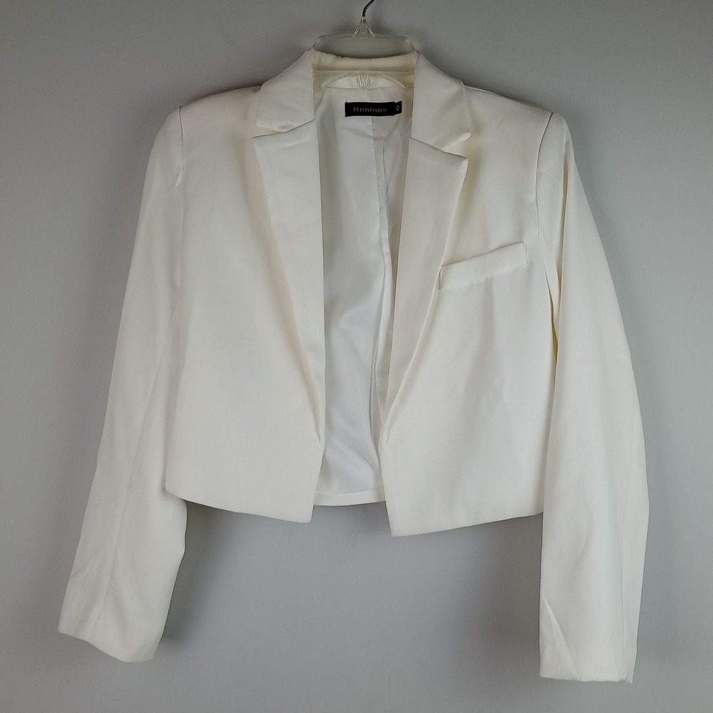 Beninos Womens XS White Cropped Shoulder Pads Satin Lining Open Blazer Jacket
